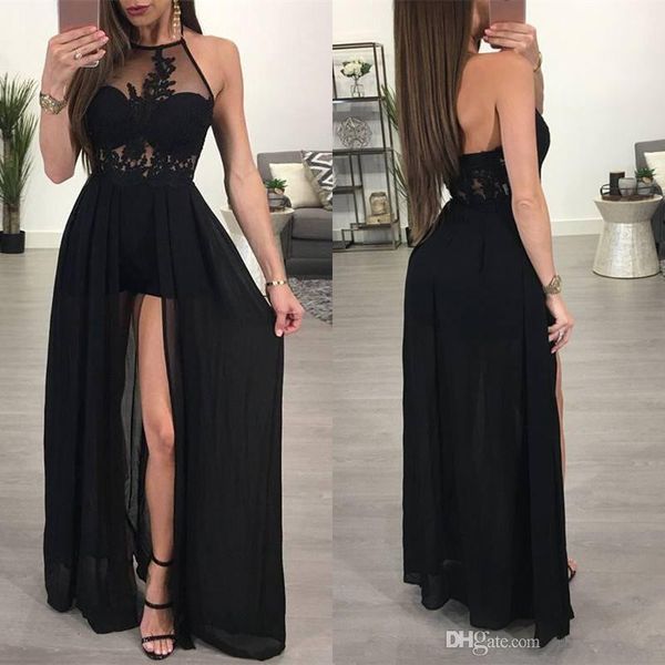

halter neck chiffon long evening dresses with lace 2019 black floor length prom gown backless party dress, Black;red