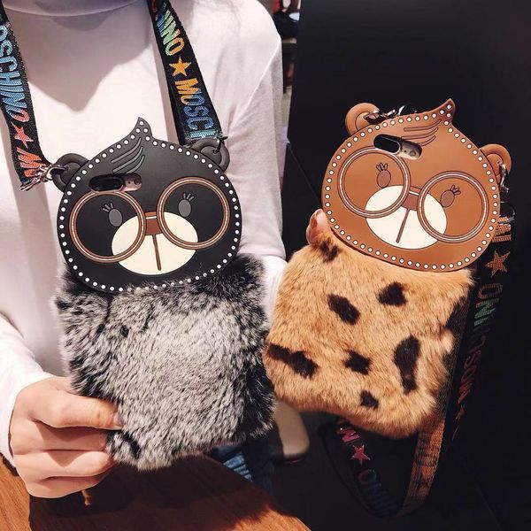 

fashion luxury lanyard crossbody designer winter warm fluffy hair case for iphone 11 pro max x xs xr 7 8 plus soft plush hairs back cover
