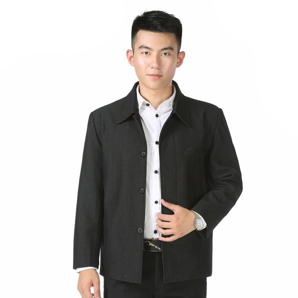 

chinese style men elegant jackets male autumn spring grey coat regular turn-down collar single-breasted daily outerwear for man, Black;brown