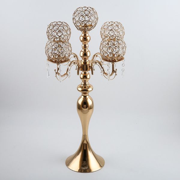 

5-arms candelabrum metal gold 28\ height candelabras with pendants wedding table candle holders home decoration 10 pcs/ lot
