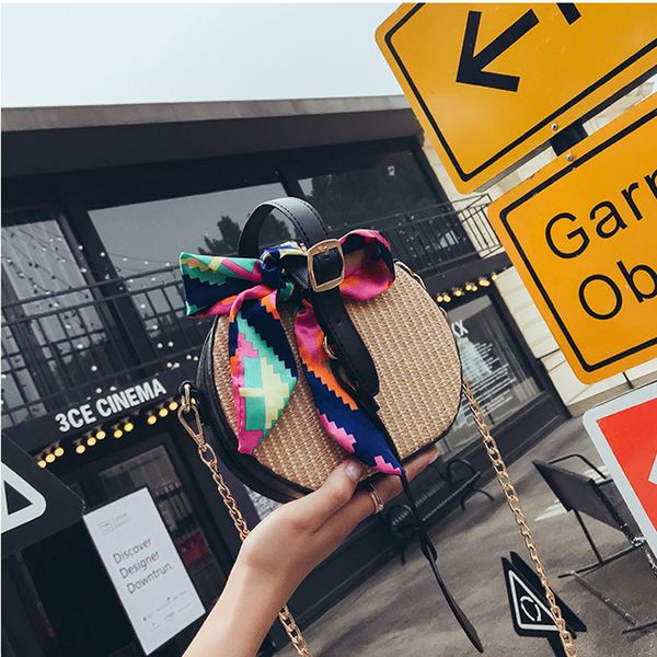 

2019 new style hand-knitted scarves straw bag handbags round diagonal shoulder woman bag chain dual-use beach woman