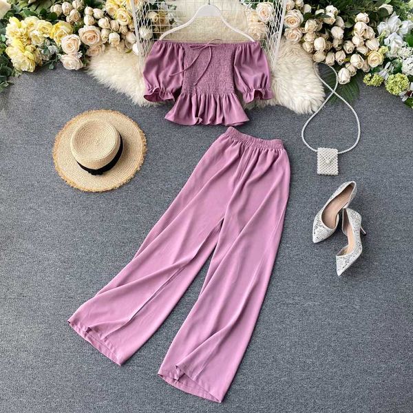 

women's clothing puff sleeves short + loose pants two-piece set, White