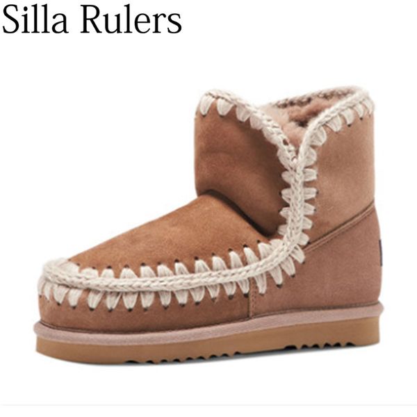 

2019 new winter snow boots woman round toe fur boat boots woman flat with warm ankle genuine leather zapatos de muje, Black