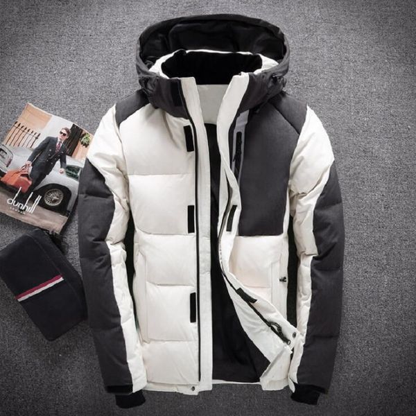 

hooded men's down jackets patchwork thick winter down coats male fashion overcoats keep warm outerwear parkas, Black