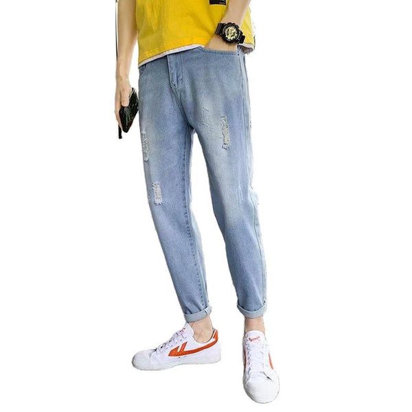 

оптовая 2020 мытого длина голеностопного джинсы мужской корейского стиль тонких молодежные ноги брюки молодежных личности брюки прямых ноги, Blue