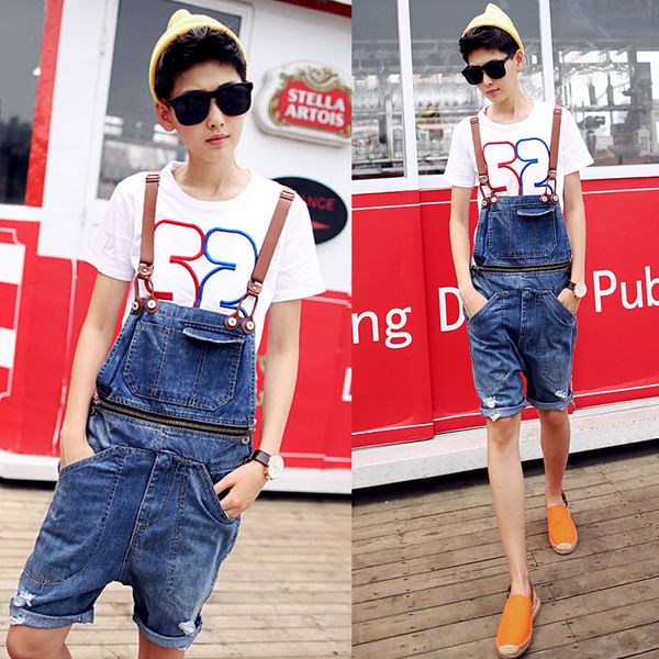 

2019 summer new trend men denim susperdens pants shorts hole hole strap men's jeans tooling suspenders pants, Blue
