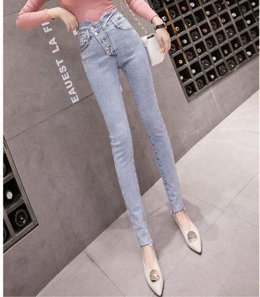 

blue gray tall waist four grain of buckle jeans are female