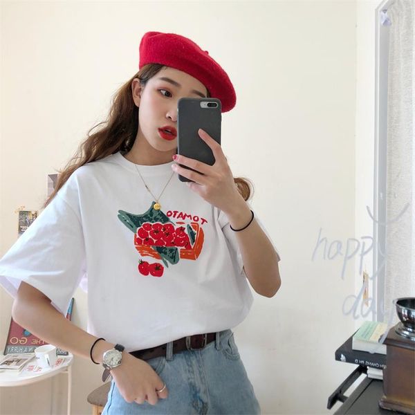 

lovely tunic tomato print loose t-shirt women's t-shirts harajuku ulzzang student sweet lady kawaii ins chic tshirt for women, White