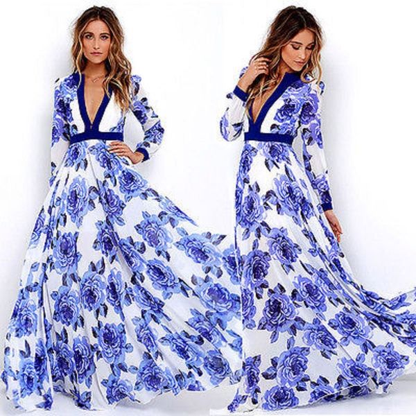 

New Women Summer Floral Printed Maxi Dress Vintage Long Sleeve V Neck Pleated Long Dress Beach Party Vestidos Sundress