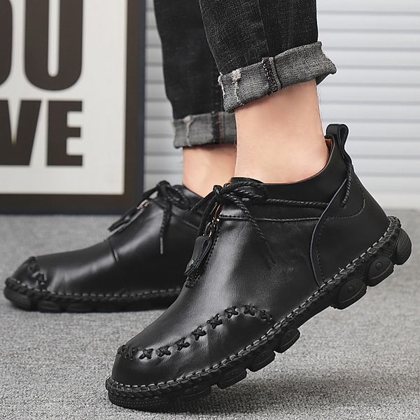 

boots men ankle genuine leather man fashion handmade sewing shoes autumn basic driving big size 48 o4, Black