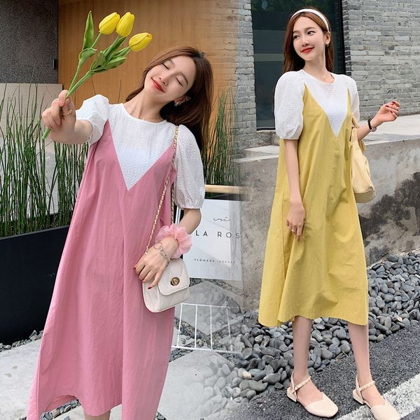 

6166# maternity clothes summer short sleeve patchwork easy matching loose stylish dress for pregnant women mom dress, White