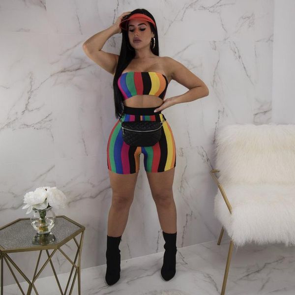 

полосатый радуга красочный полосатый sexy two piece set летние наряды для женщин короткие tracksuit бич tube top и шорты для женщин качества, Gray