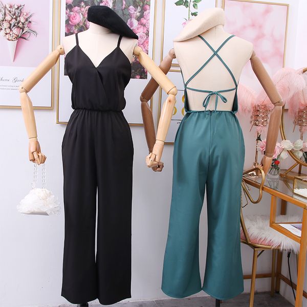 

2020 new beach vacation cross backless high waist was thin sling jumpsuit wide leg pants casual pants women, Black;white
