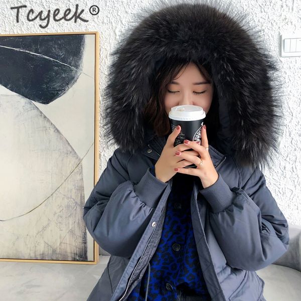 

tcyeek winter coat female fashion women's down jacket hooded korean long duck down jackets + raccoon fur elegant coat hiver 3191, Black