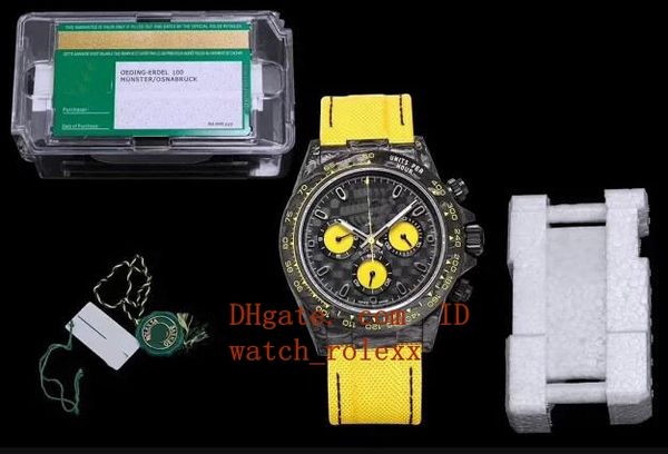 

40mm mens diw black carbon special colored dial wwf eta 7750 full forged carbon bezel chronograph movement automatic yellow nylon watch, Slivery;brown
