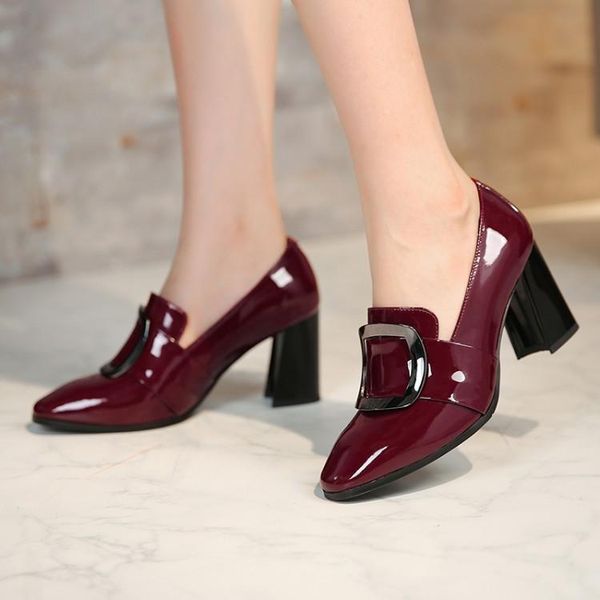 

small leather shoes women's fashion shoes high heels 2019 patent leather thick heel high heel 7.5cm, Black