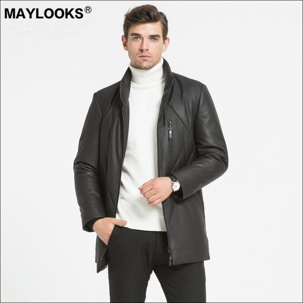 

maylooks 2019 new real leather suit for men's business of long style bread collar with sheepskin and down ws143, Black