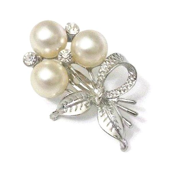 

rhodium silver tone clear rhinestone and cream pearl bow brooch pins women evening dress accessory, Gray