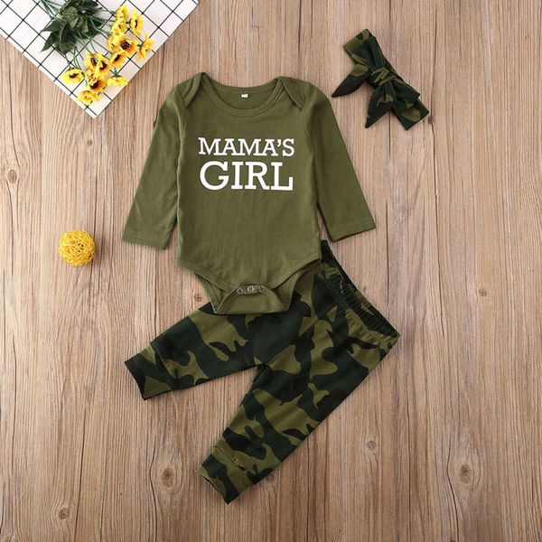

infant baby girl letter print long sleeve romper camo pants headband 3pcs outfits clothes set 0-24m, White