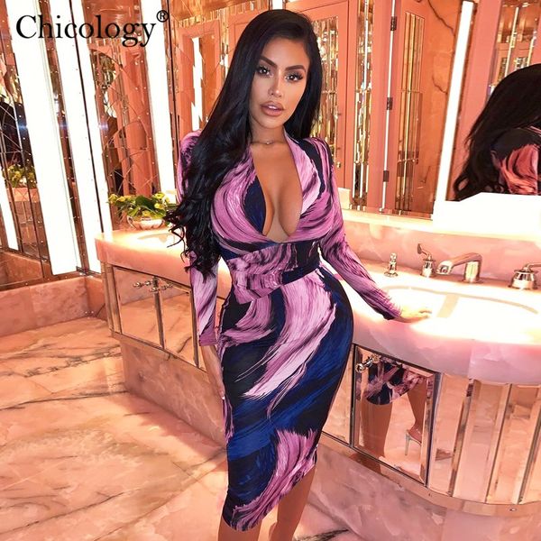 

chicology tie dye длинного рукава повязка миди платье женщины v шея сексуальный bodycon снарядить 2019 осень зима вечеринки клуб повседневно, Black;pink