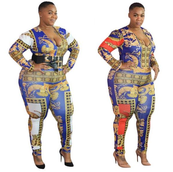 

womens designer plus size jumpsuits fashion printed one piece suits skinny fit v-neck long sleeved rompers women clothing, Black;white