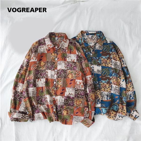 

autumn new men printed shirt long sleeve korean fashion vintage shirt male streetwear loose button down men hawaiian shirts, White;black