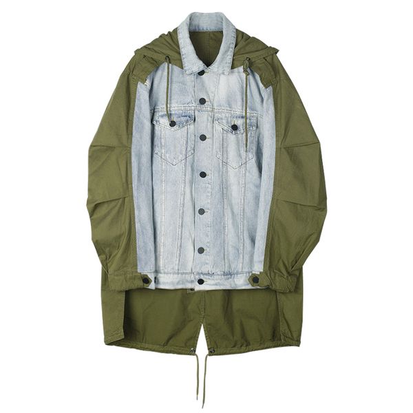 

women's trench coats designer hooded denim army green patchwork autumn asymmetric windbreaker coat women long outwear, Tan;black
