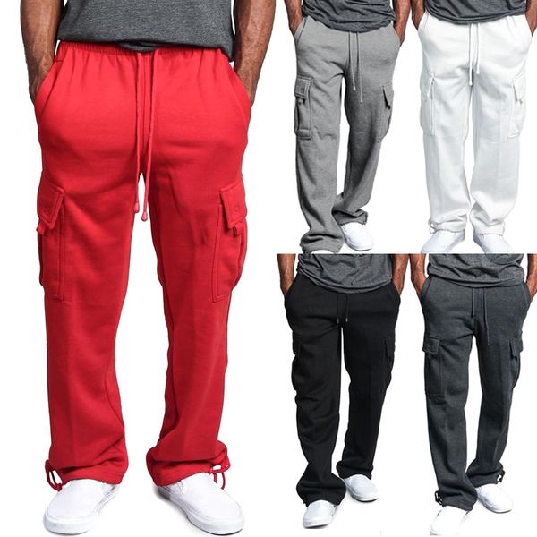 

men cargo pockets sweat pants casual loose trousers solid color soft for sports ser88, Black