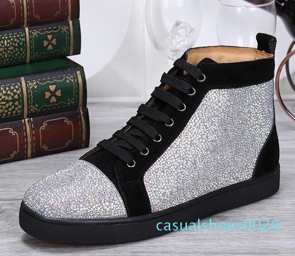 

drop shipping new casual high sneakers shoes rhinestone leather casual walking ,men high casaul walking red bottom qa20, Black