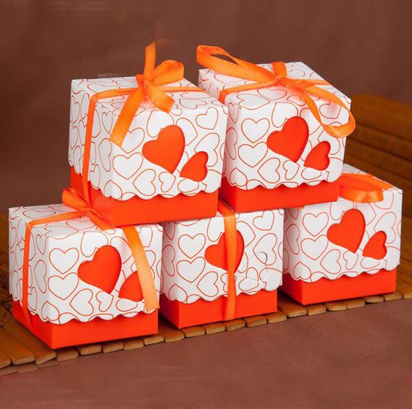 

orange double heart wedding favor box gift box candy wedding with ribbon ing