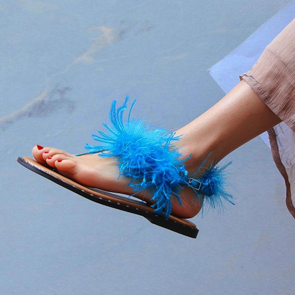 

fur slippers women fur slides outdoor furry plat with sandals female fluffy house shoes real feather flat shoes fashion 2020, Black