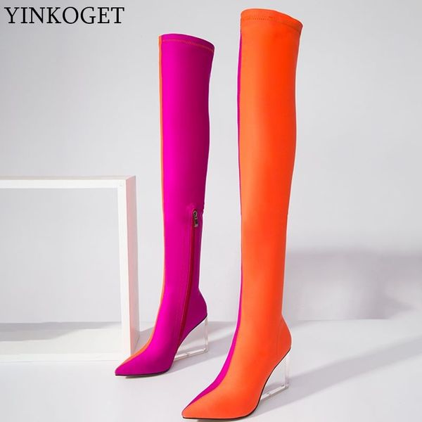 

yinkoget real elastic material fashion ladies women boots girl comfortable autumn winter over the knee long boots, Black