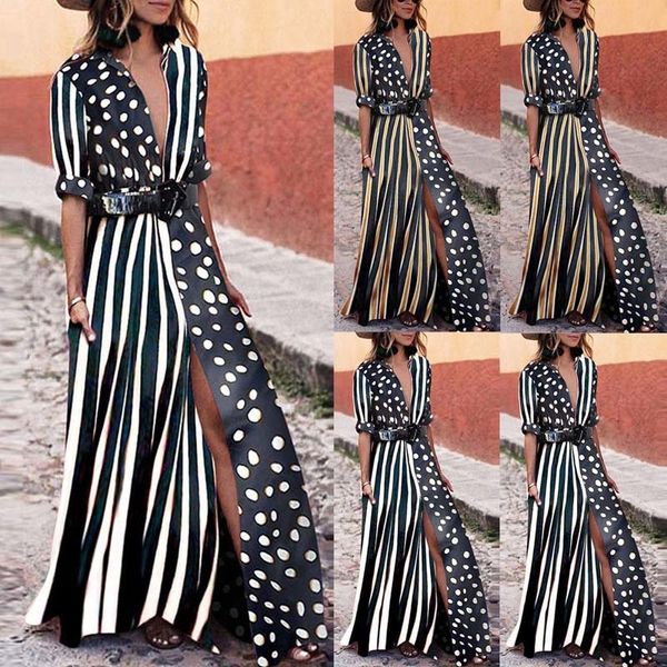 

woman clothes long dress plus size womens striped long maxi dress new high split dot v neck party beach holiday s 3xl, Black;gray