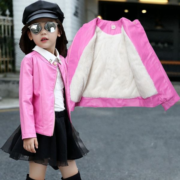

new girls coat winter kids leather jacket with fleece o-neck full sleeve manteau fille girls jacket 7ct001, Blue;gray