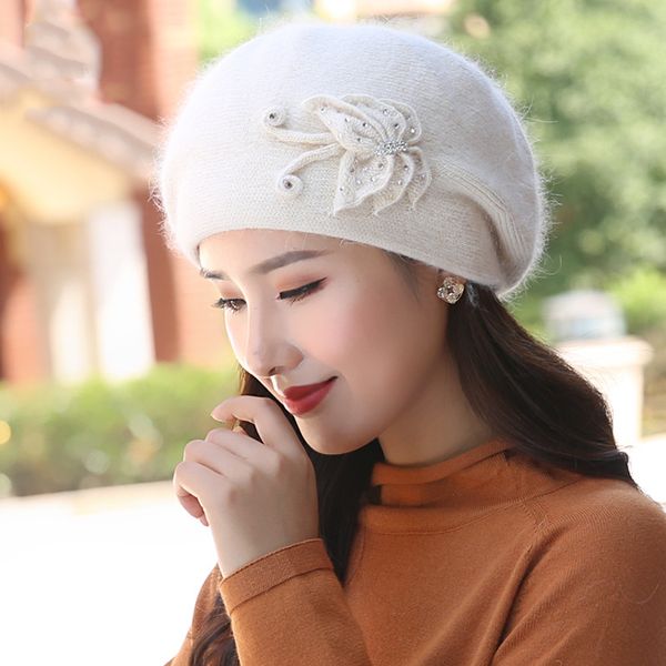 

beret hat women winter beanie angora warm knit headwear flower casual soft classic thermal snow outdoor accessory, Blue;gray