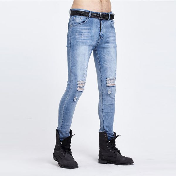 

full length jeans men 2018 straight denim pants hole mens clothing, Blue