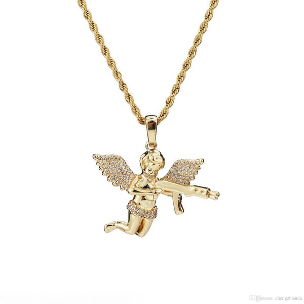 

jewelry zircon gold silver cute angel baby carry gun stuff pendant necklace rope chain for men women