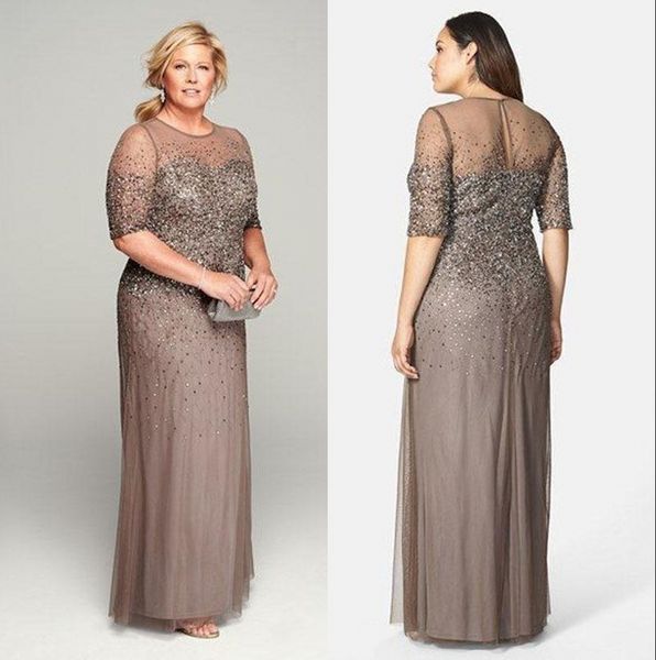 

2020 sheer neck mother oftthe bride groom dresses half sleeves shiny sequins beaded floor length prom evening dress for women plus size, Black;red