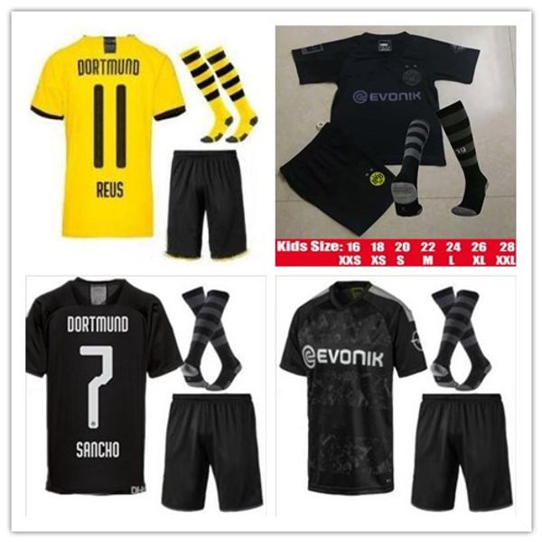

19 20 kids kit reus soccer jerseys #7 sancho 19/20 home away #9 paco alcacer #28 witsel #15 hummels child football shirt with shorts, Black