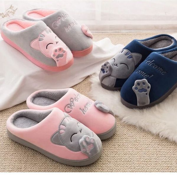 

dropshipping women winter home slippers cartoon cat shoes soft winter warm house slippers indoor bedroom lovers couples, Black