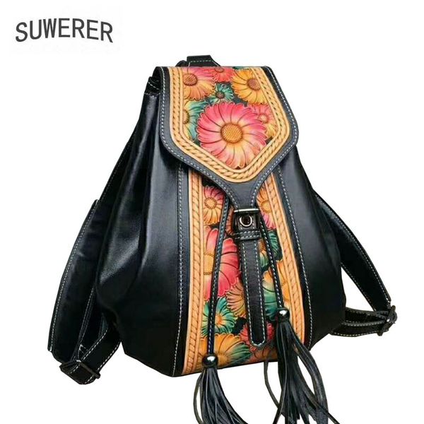 

suwerer 2018 new genuine leather women backpack luxury hand carved designer bag women backpack fashion quality cowhide bag