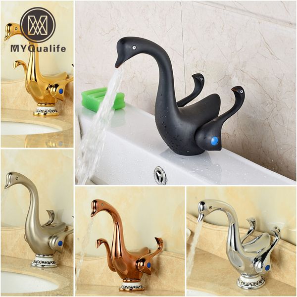 

cute duck shape double handles bathroom vessel sink faucet deck mount brass washbasin sink mixer taps 5-colors for choice