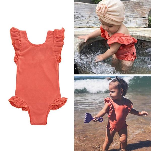 

baby girls one-piece swimsuits solid color rompers ruffle sleeve swimwear, White