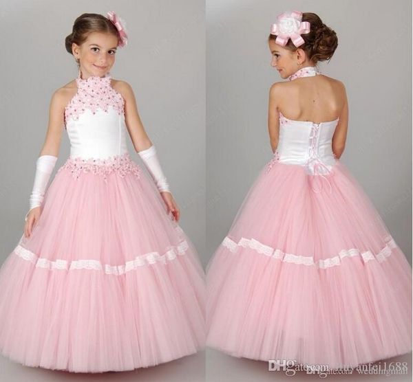 

2020 cute flower girls dresses for weddings princess sleeveless v-neck floor length little kids holy first communion dresses, White;blue