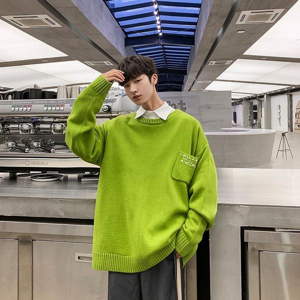 

autumn new sweater men's fashion solid color casual o-neck knit pullover man streetwear wild loose warm sweater male clothes, White;black