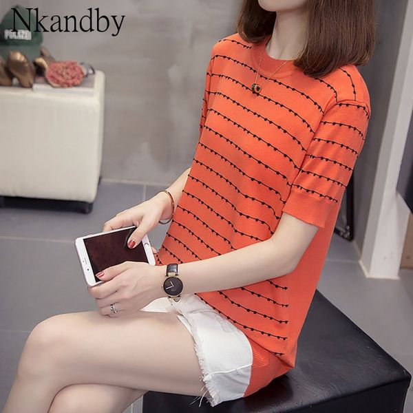 

plus size striped knit t-shirts women 2020 summer vogue short sleeve round neck knitwear femme oversized trendy clothes, White