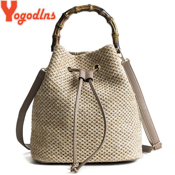 

yogodlns handmade женщины summer beach соломенных сумки bucket crossbody плечо сумка женщина rattan сумка жесткая ручка сумка