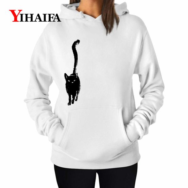 

womens hoodies white sweatshirts ulzzang black cat gaphic pullover streetwear ladies tracksuit girls long sleeve coat