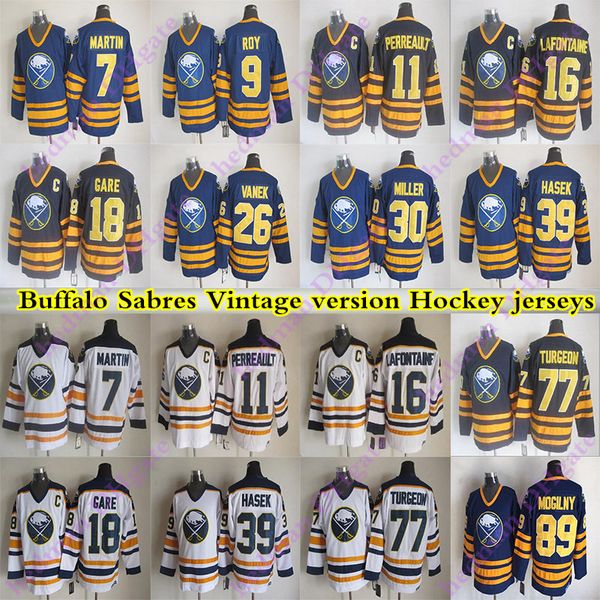 

men's buffalo sabers ccm vintage jerseys 9 roy 89 mogilny 39 hasek 11 perreault 16 lafontaine 18 gare 7 martin hockey jersey, Black;red