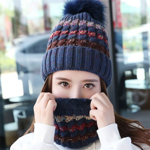 

2pcs winter knit hat beanie cap for women girls warm caps scarves fashion stripes coarse yarn knitted plush lining hats scarf, Blue;gray